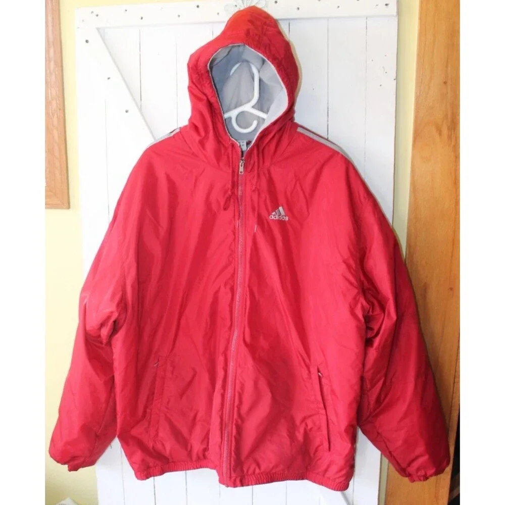 VTG Y2K Adidas Puffer Jacket Red Fleece Lined Hooded Men's Extra Large XL